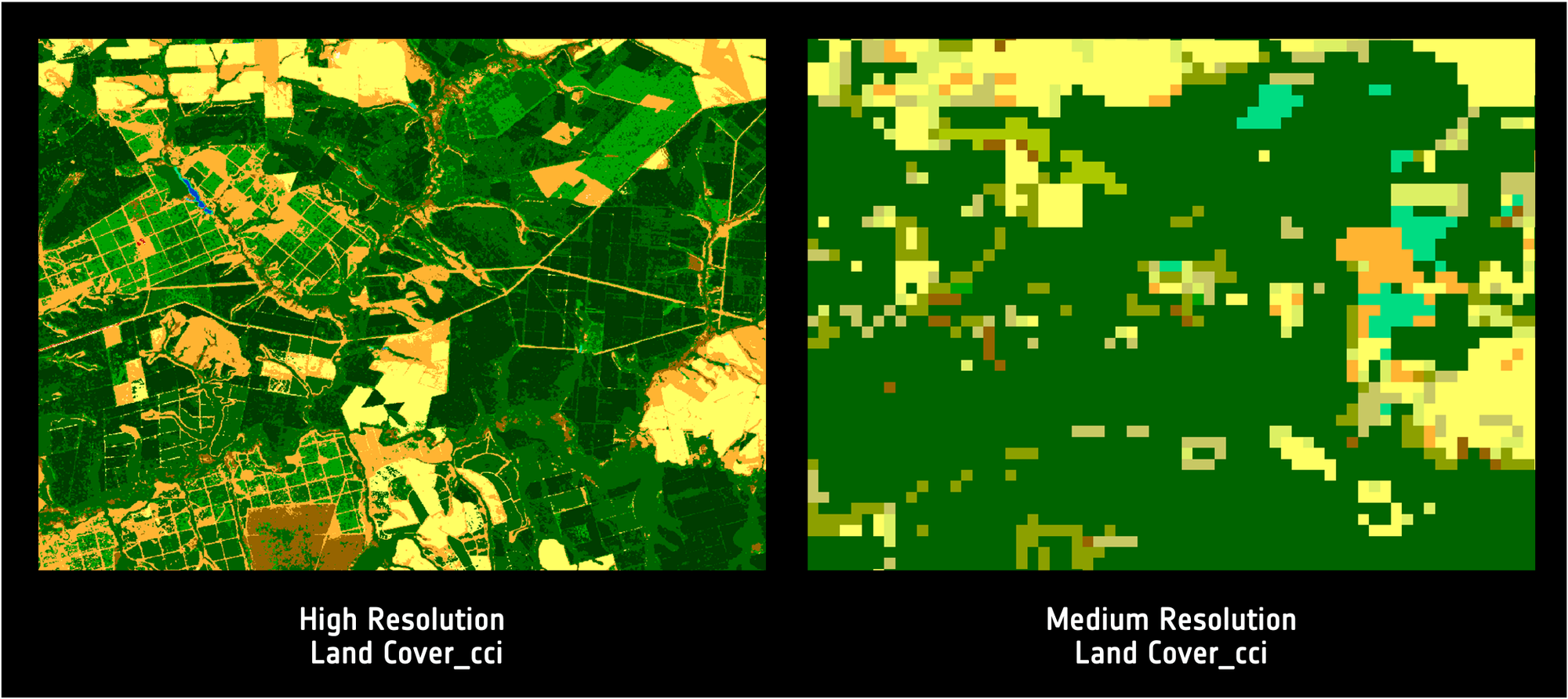 Revealing small-scale features: the CCI High resolution land cover map at 10m resolution (left) compared to the Medium resolution land cover - 300m resolution (right)