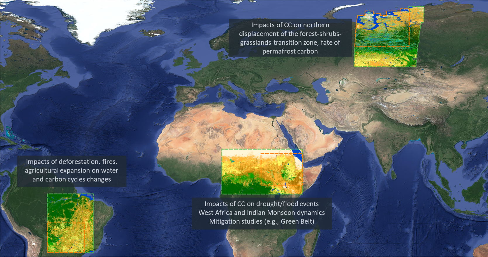 High resolution land cover maps from the ESA Climate Change Initiative for three sub-continental areas within Amazon, Africa and Siberia (10m resolution greenbox; 30m resolution orange box).