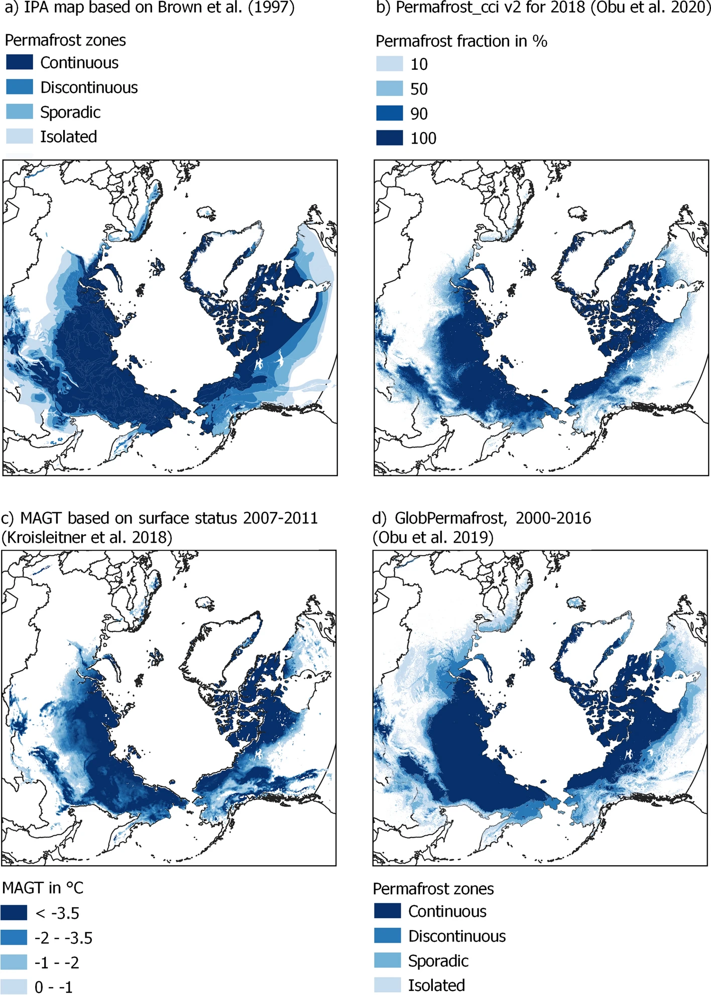 Circumpolar representation of permafrost: a permafrost zones based on traditional mapping (Brown et al. 1997), b Transient modelling of permafrost fraction using satellite-derived landsurface temperature representing a specific year (Obu et al. 2021b), c