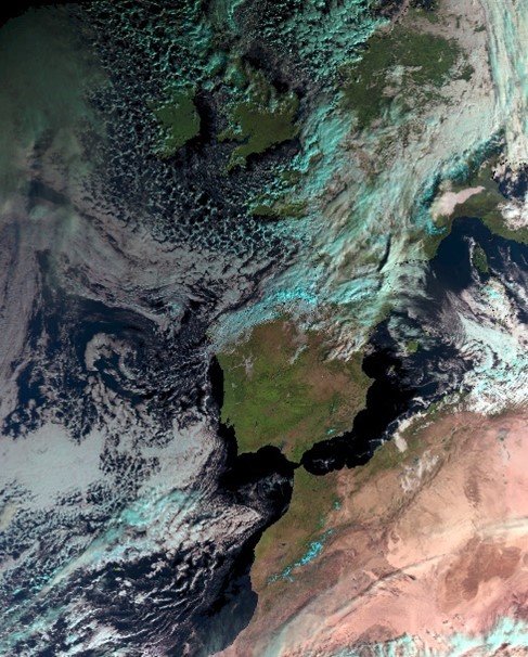 Satellite image of western Europe from above, captured by the AVHRR instrument aboard EUMETSAT's Metop polar orbiting satellite at 11:40 (UTC) on Monday 8 December, 2014.