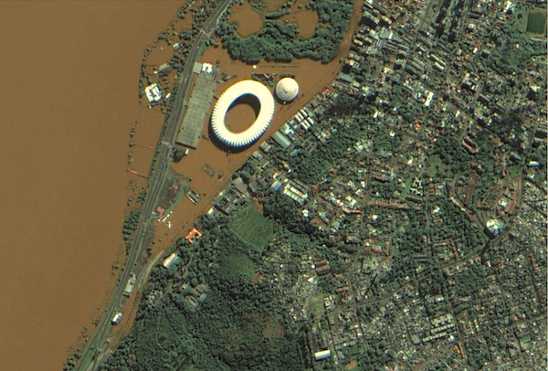 Flooding in Porto Alegre (Brazil), captured by the Wide-Scan Panchromatic Multispectral Camera aboard the China–Brazil Earth Resources Satellite (CBERS-4A) on 9th May 2024