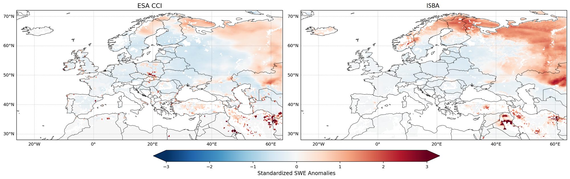Map of scaled SWE anomaly for the warm winter of 2020