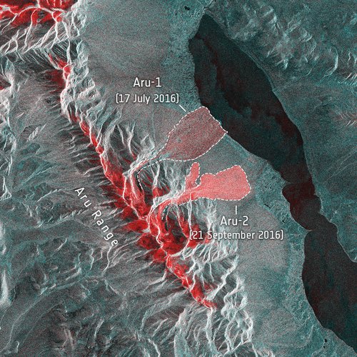 Glacier avalanches in Tibet's Aru mountain range. Credit: contains modified Copernicus Sentinel-2 data (2016), processed by CCI Glacier team and ESA