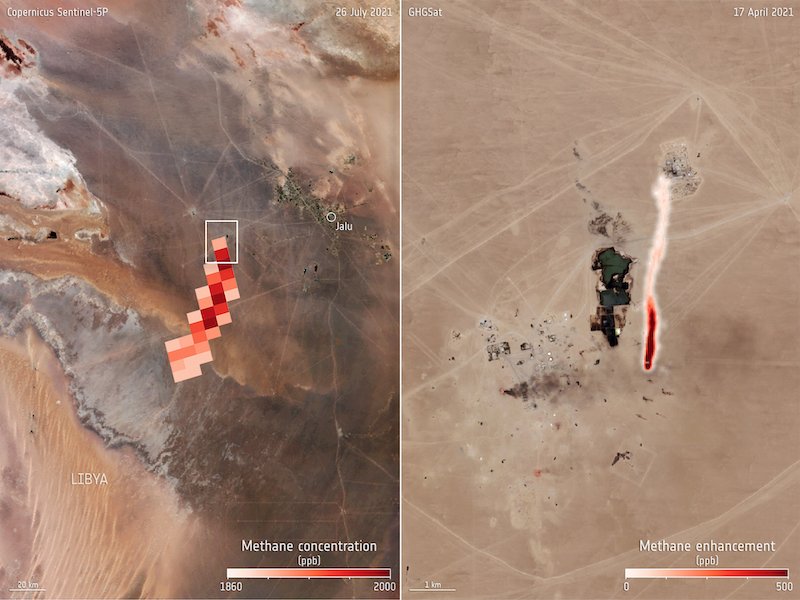 Methane super-emitter plumes detected at an oil exploitation site in Libya by Copernicus Sentinel-5P 26 July 2021. Right GHGSat satellites target methane detection.