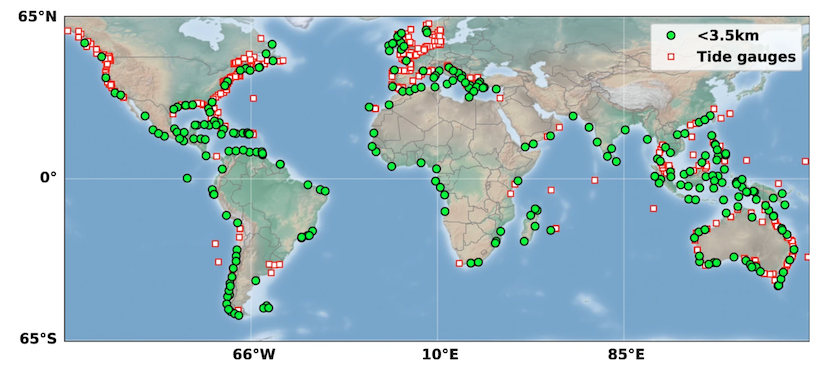Figure 1. Green circles represent virtual stations (within 3.5 km of the coast); Red/white squares correspond to tide gauges having monthly data from Jan 2002-Dec 2019 with less than 24 months missing (credit: Cazenave et al., 2022).