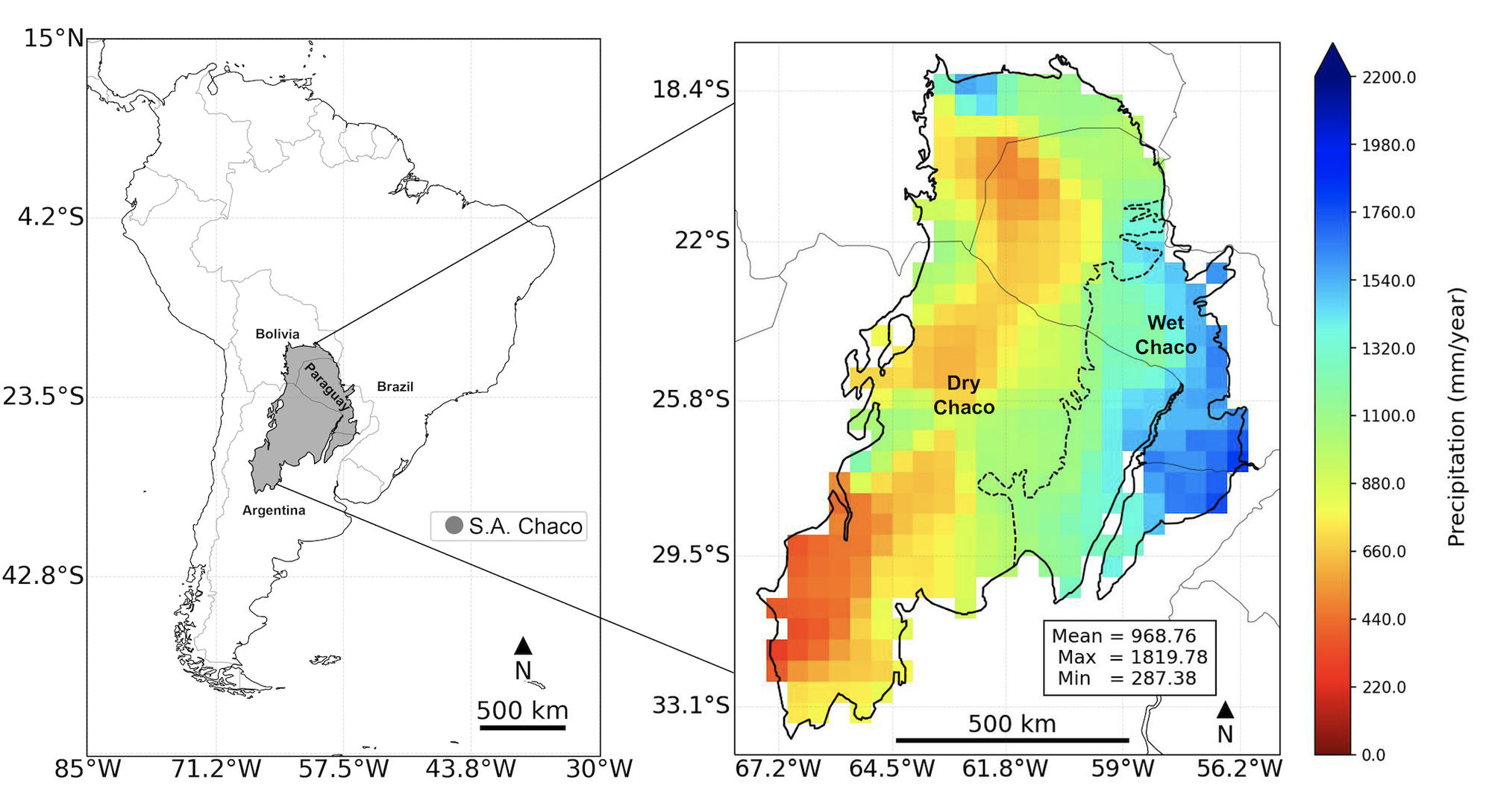 The South American Chaco region (left) and mean annual precipitation for 2001-2019 across the Dry and Wet Chaco subregions for 2001–2019 (right)