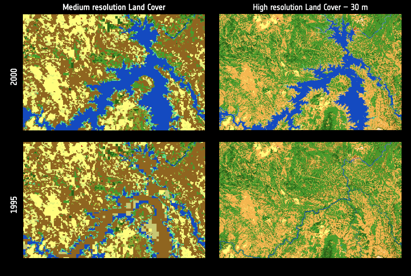Land cover change maps: a comparison of the ESA CCI's Medium resolution land cover product (left) & High resolution land cover change (30 m resolution) (right) products