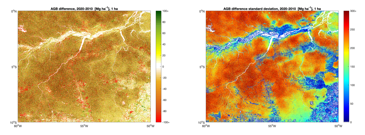 AGB change (left) and corresponding standard deviation (right) between 2010 & 2020 and is taken from tehe CCI Biomass product user guide