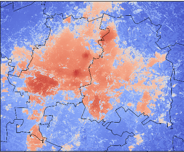 Daily minimum temperature for the greater Johannesburg area, averaged over the period 2001–2020, simulated with VITO’s UrbClim model. The dark red zones, representing dense urban fabric, show temperatures up to 6 °C higher than the surrounding rural areas