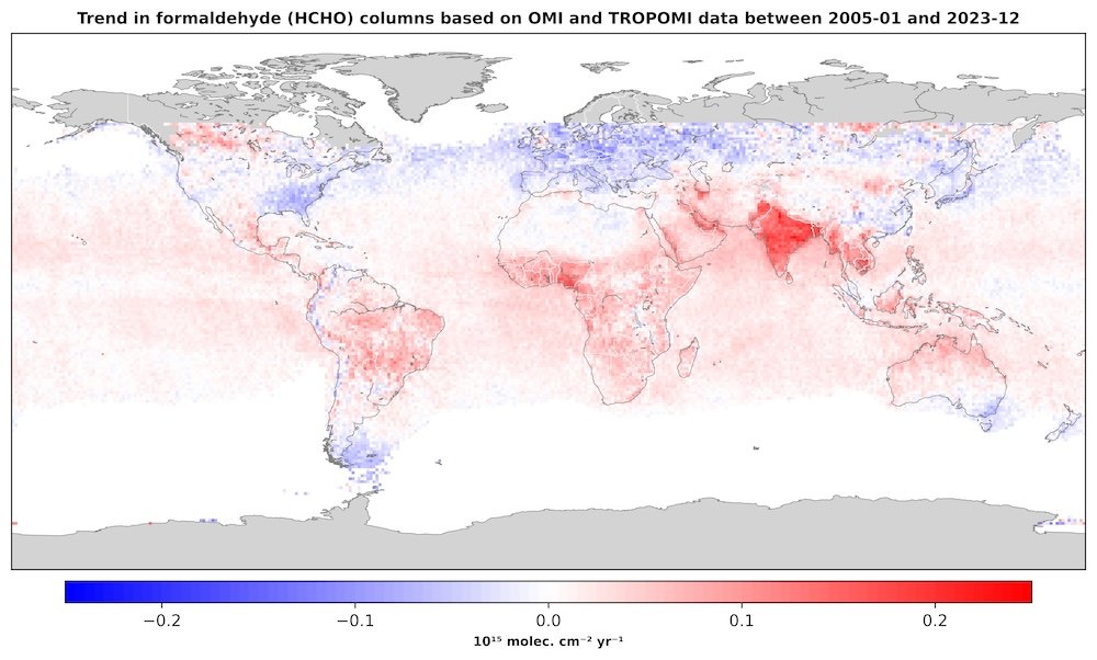 Trends in formaldehyde columns (in 1015 molec. cm-2 yr-1) derived from OMI observations over 2005-2022. The formaldehyde data was developed as part of the ESA CCI+ Precursors for Aerosol and Ozone ECV.
