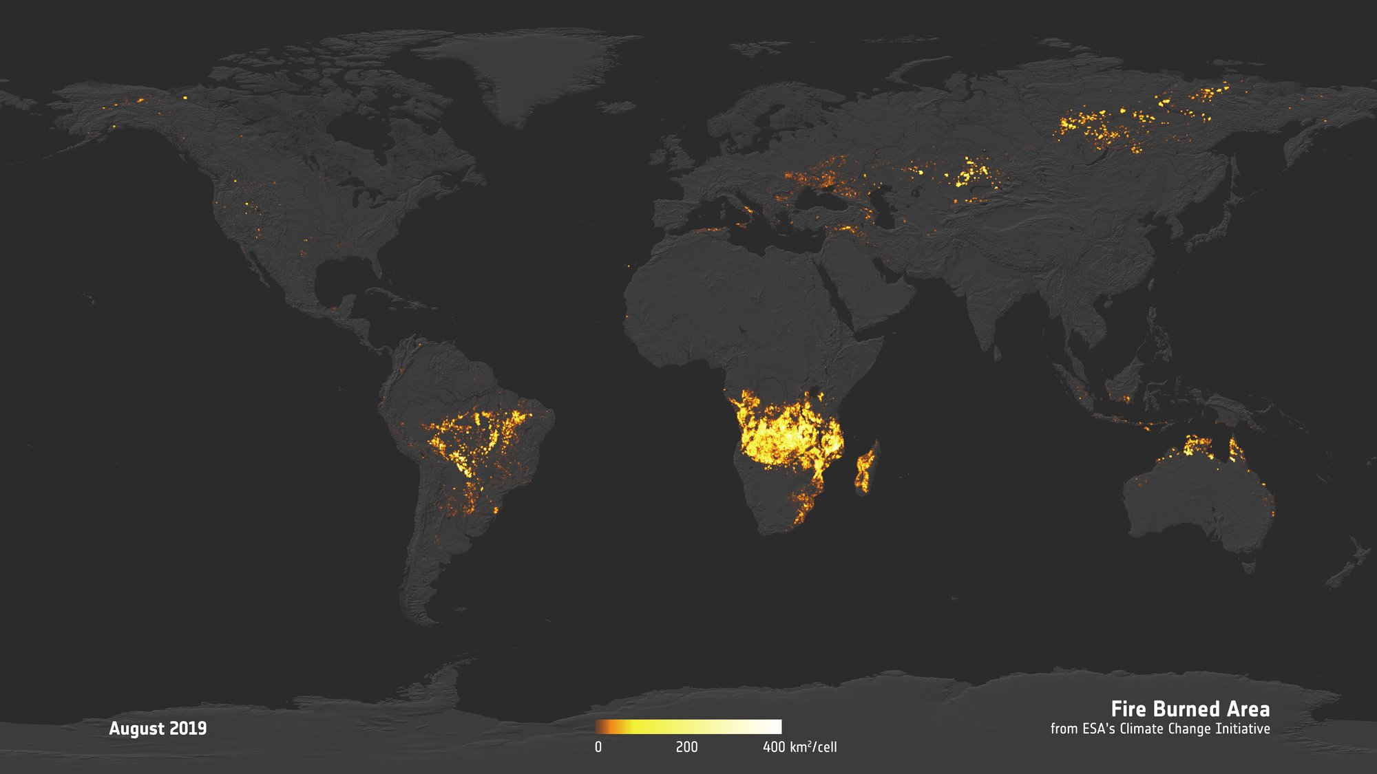 Globe burned area developed by ESA's Climate Change Initiative Fire project team
