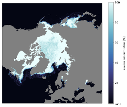 Example of daily sea ice concentration map for the Northern Hemisphere (11. February 1973), showing the Odden ice feature in the Greenland Sea.