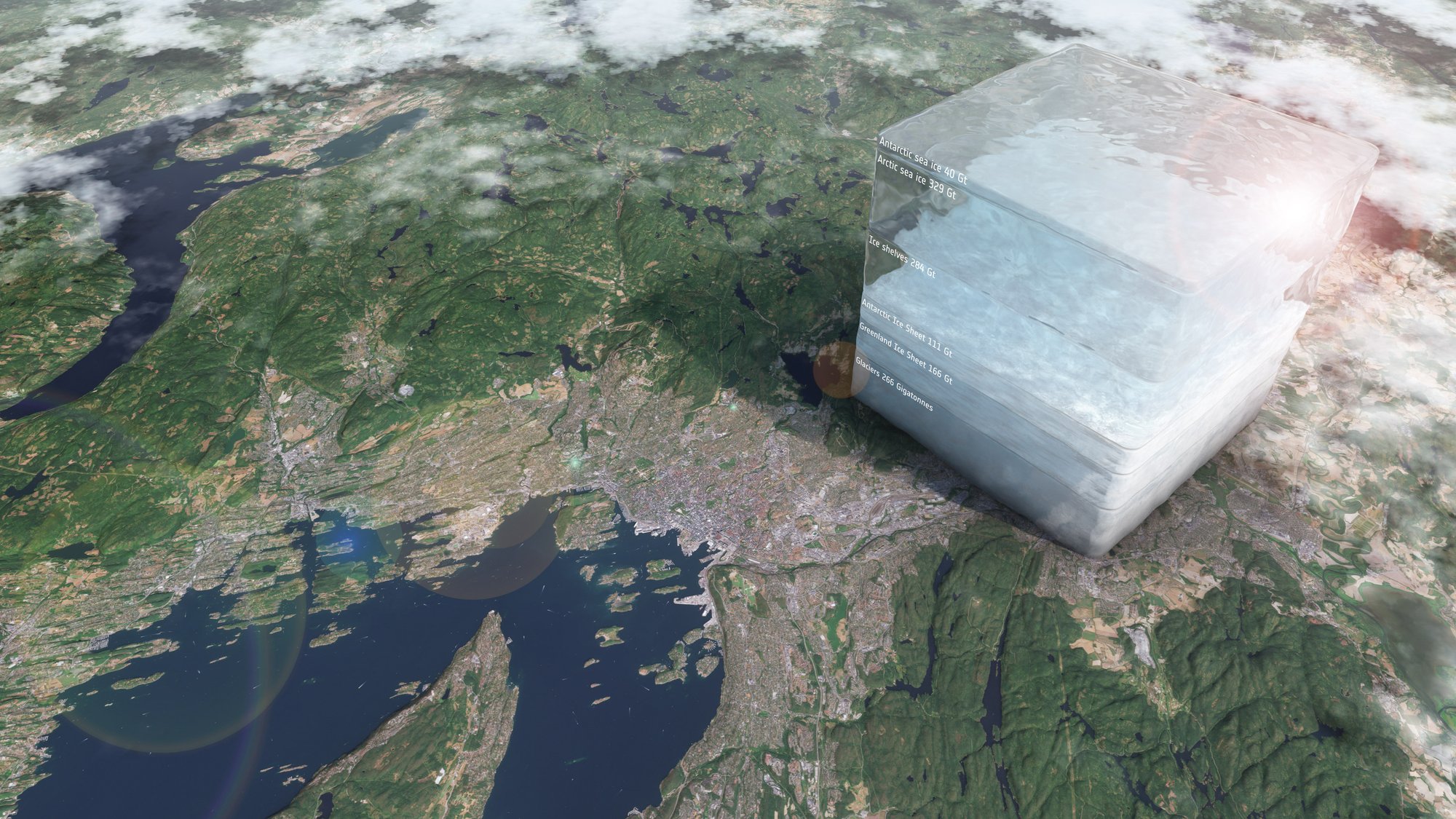 Ice loss in perspective. This ice cube looming over the Oslo skyline, measures 10x10x10 km and represents the amount of ice lost globally (including from the Ice sheets)