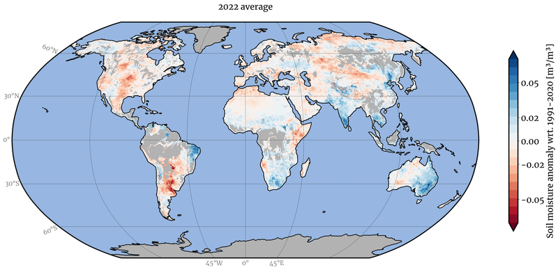 Soil moisture anomalies for the year 2022 (baseline 1991-2020) in ESA CCI SM v08.1. Grey areas are masked because of dense vegetation.